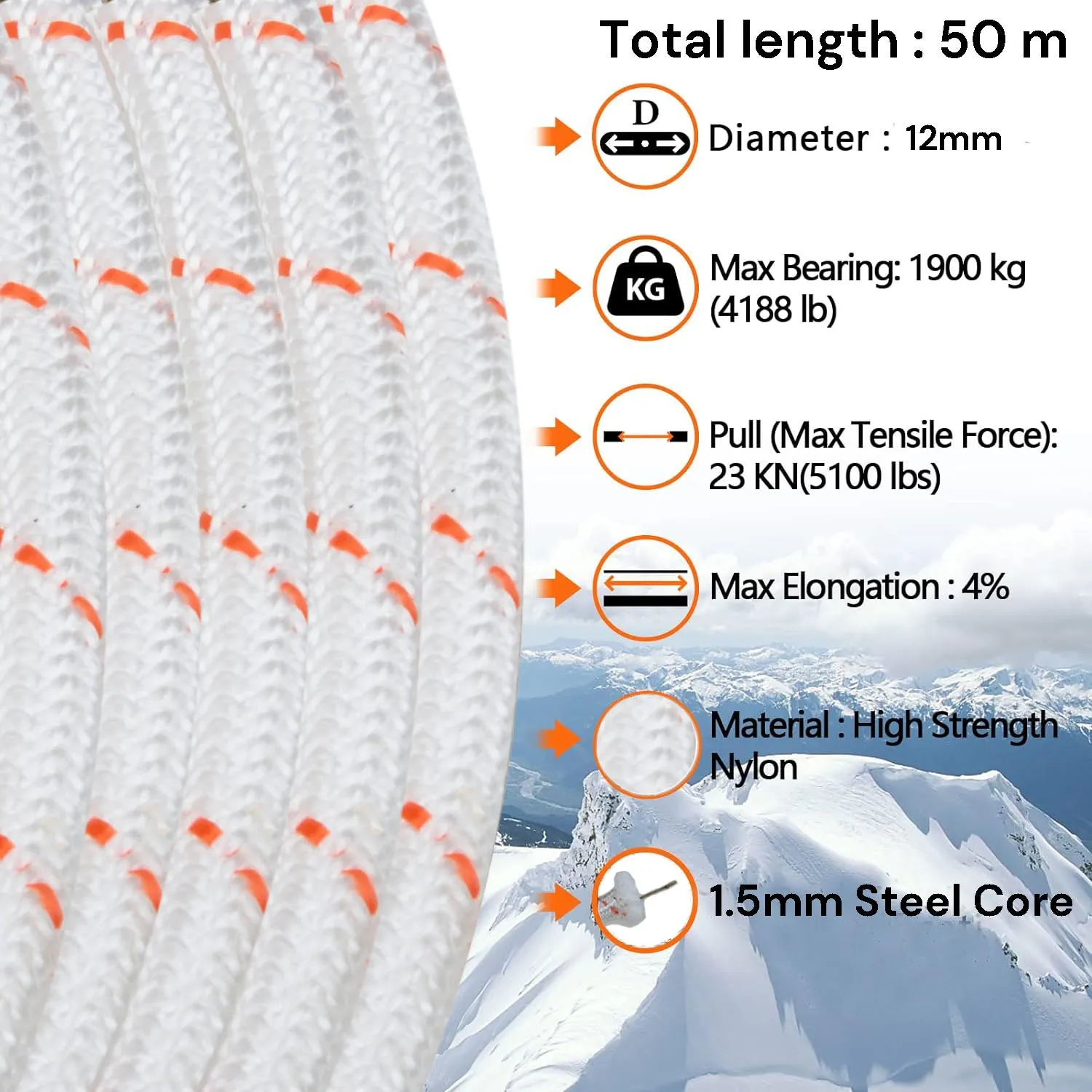 12mm 50m Nylon Safety Climbing Rope with Steel Core