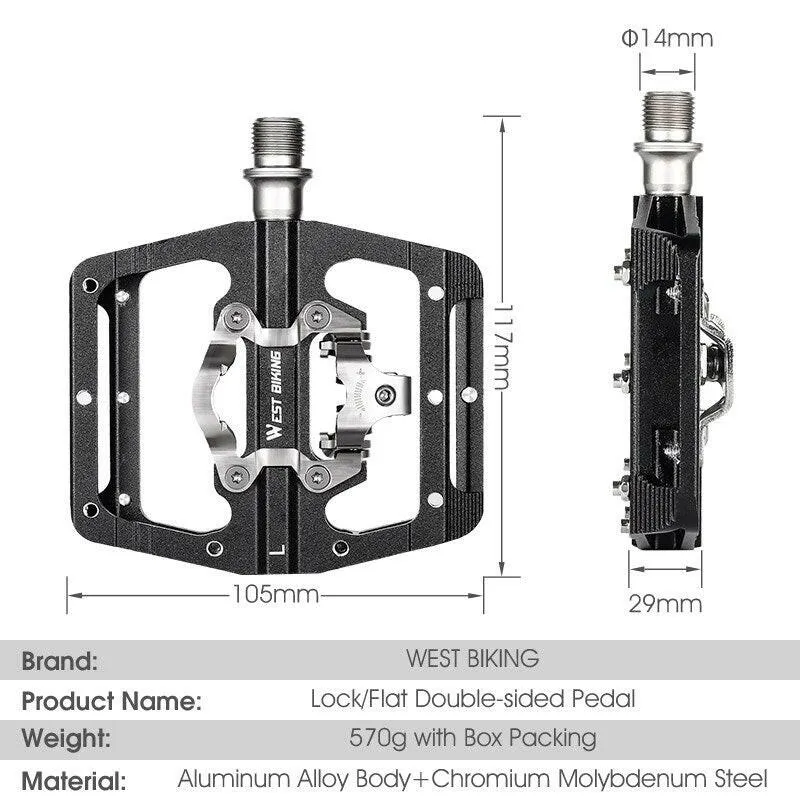 2 In 1 Bicycle Pedals MTB Road Bike SPD Self-Locking Pedal 3 Bearings Anti-slip Flat Pedals Cycling Part Accessories