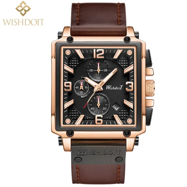 2021 New Fashion Waterproof Men's Watch Top Brand Luxury Leather Square Large Dial Sports Quartz Chronograph Relogio Masculi