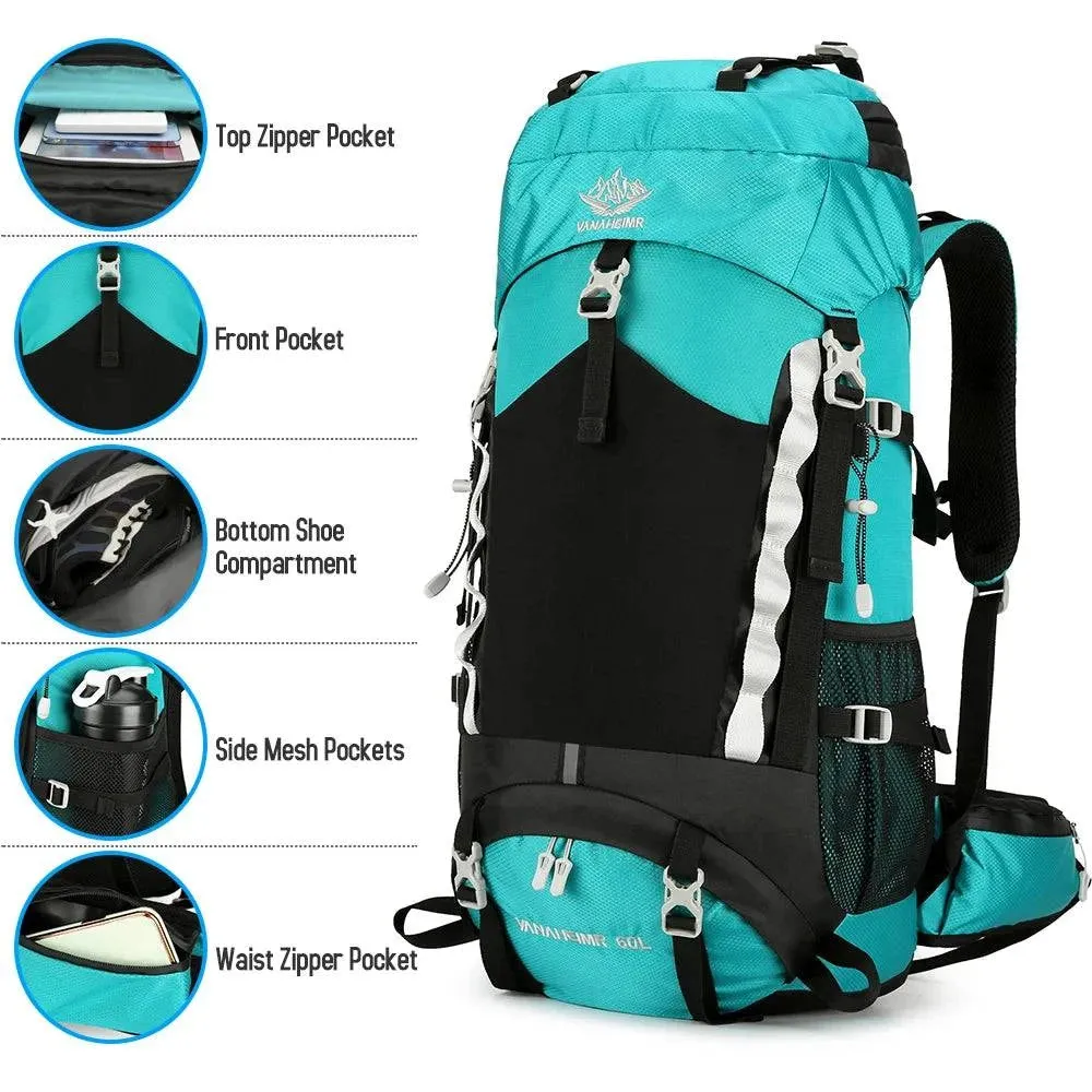 60L Large Capacity Hiking Backpack Waterproof Backpacking Mountaineering Backpack with Rain Cover for Climbing Trekking Camping