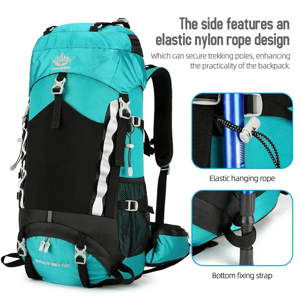 60L Large Capacity Hiking Backpack Waterproof Backpacking Mountaineering Backpack with Rain Cover for Climbing Trekking Camping