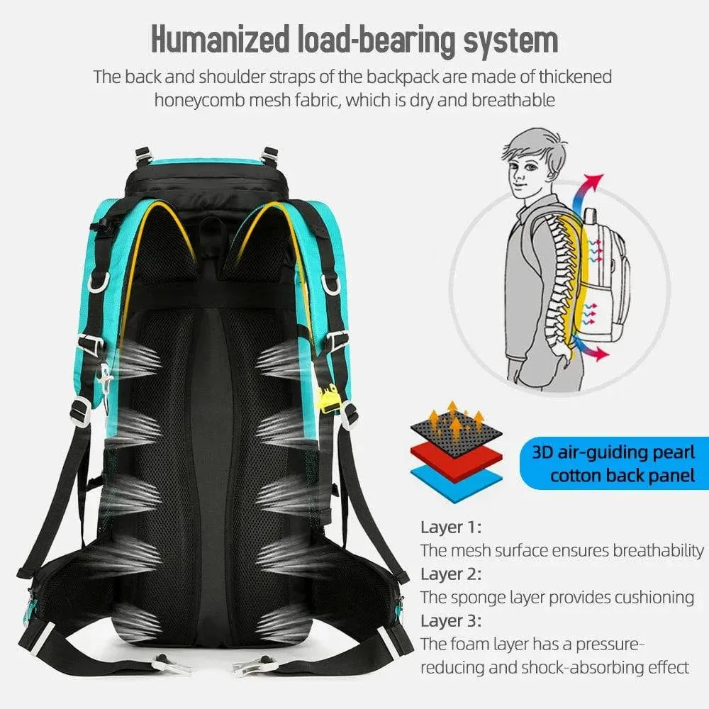 60L Large Capacity Hiking Backpack Waterproof Backpacking Mountaineering Backpack with Rain Cover for Climbing Trekking Camping