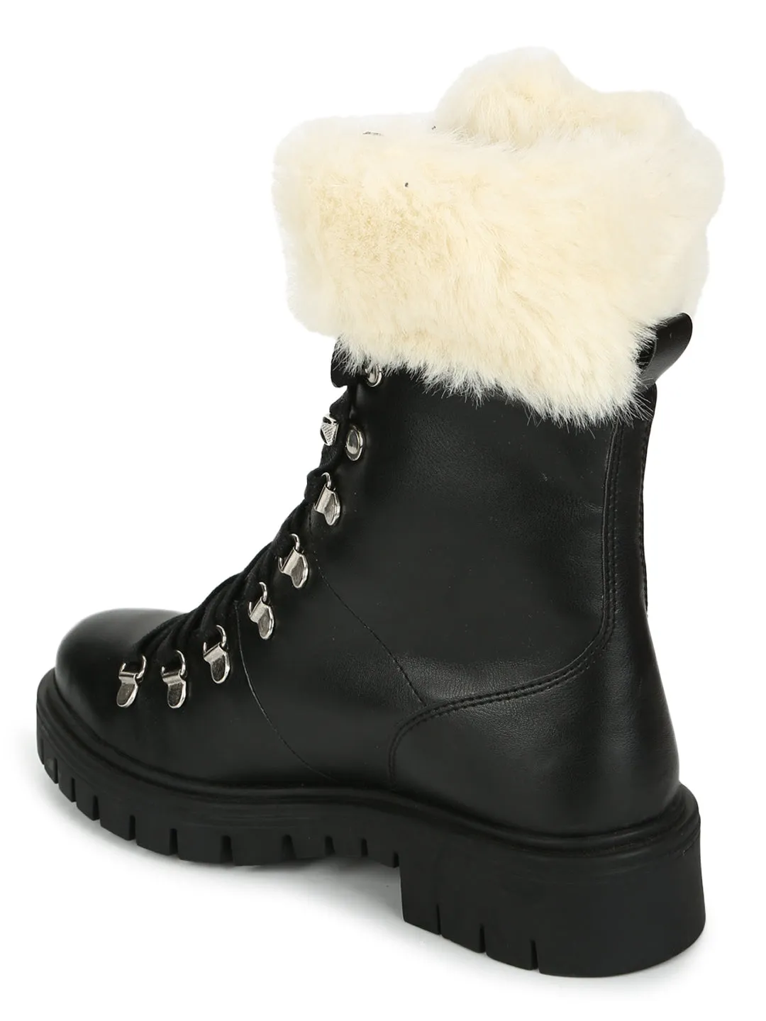 Black PU Lace Up Faux Fur Ankle Boots