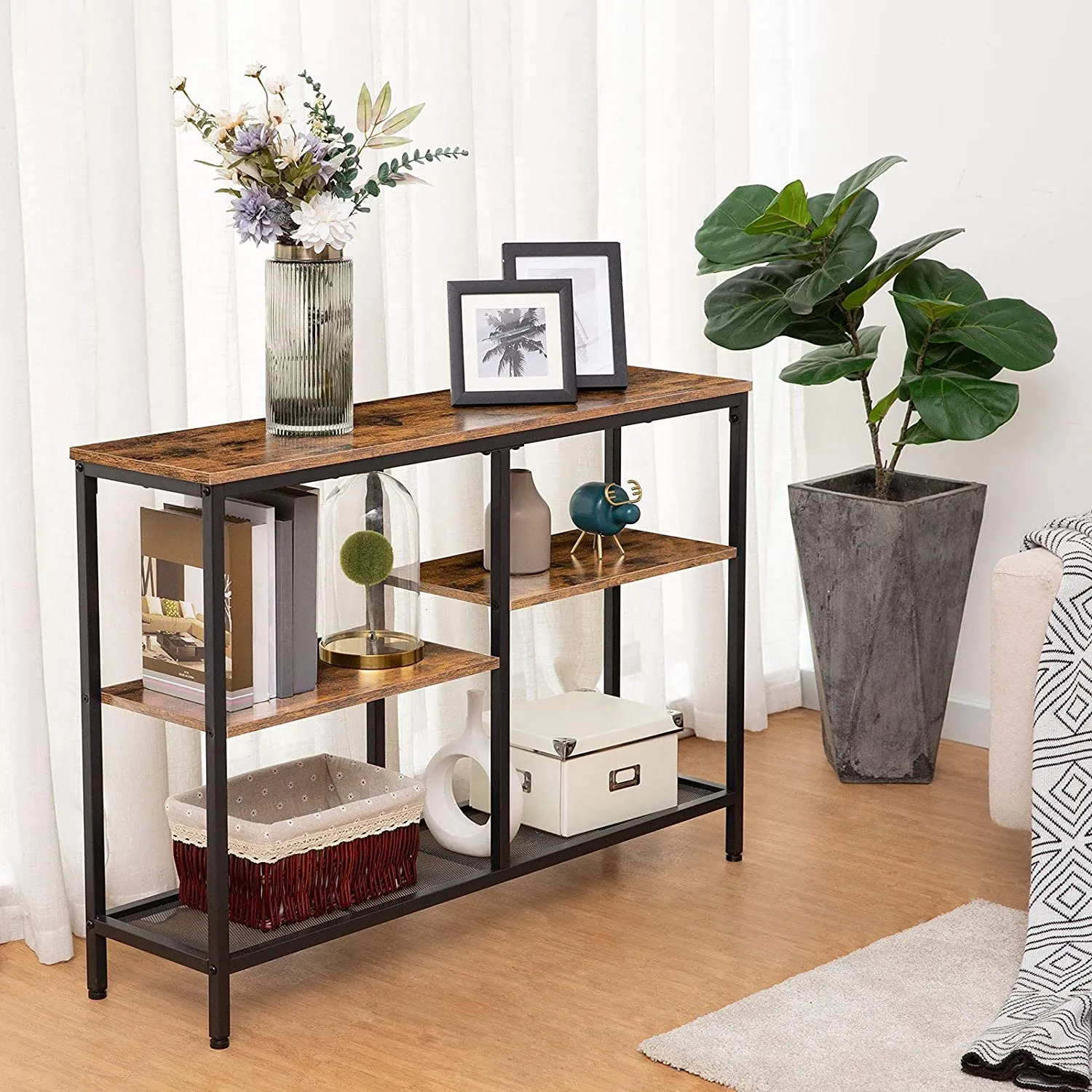 Console Table, 4-Tier Industrial Bookshelf, Narrow Entryway Table, Sofa Table