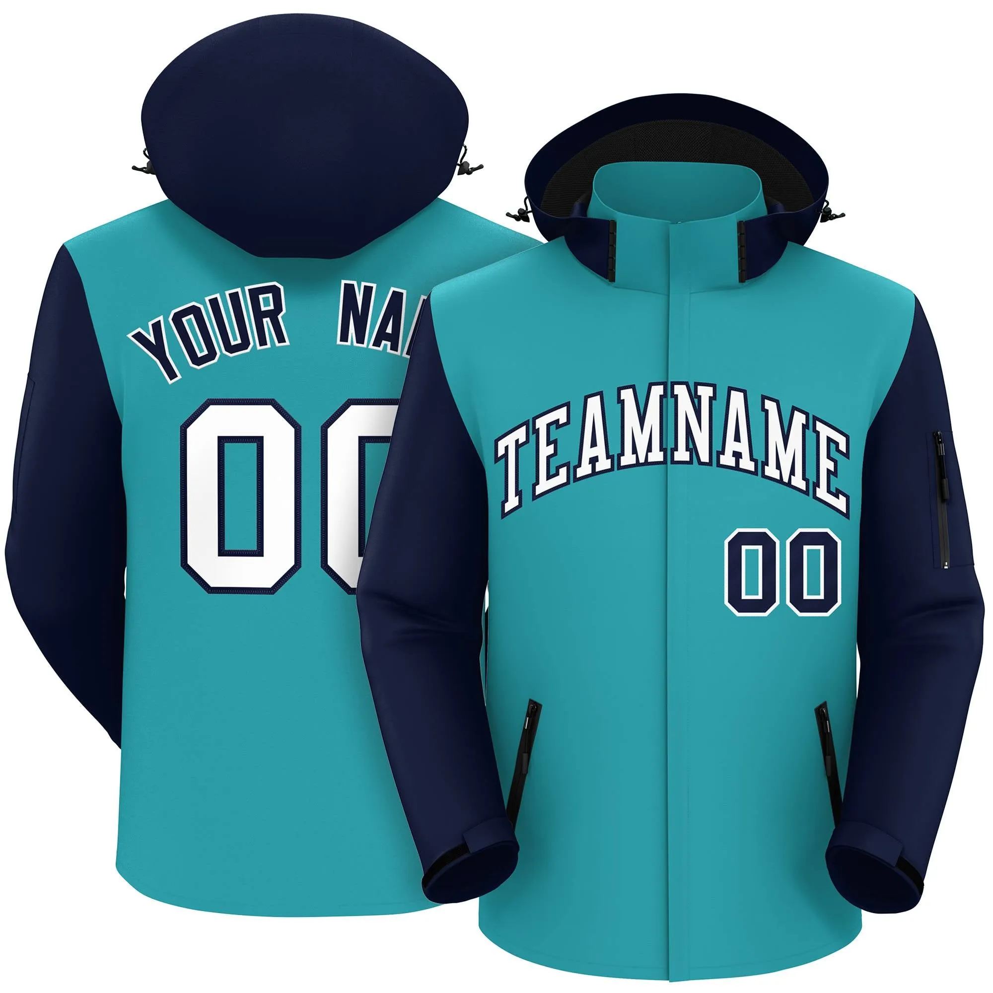 Custom Aqua Navy-White Raglan Sleeves Waterproof Jacket