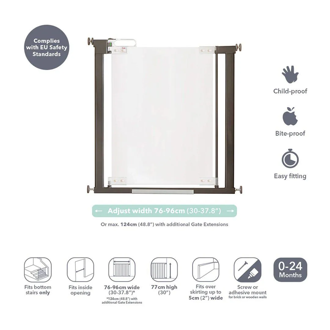 Fred Pressure Fit Stairgate - Clear Acrylic Panel/Dark Grey Fittings