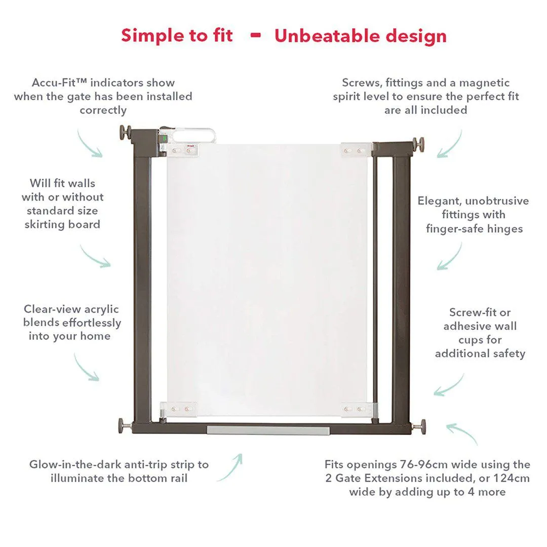 Fred Pressure Fit Stairgate - Clear Acrylic Panel/Dark Grey Fittings