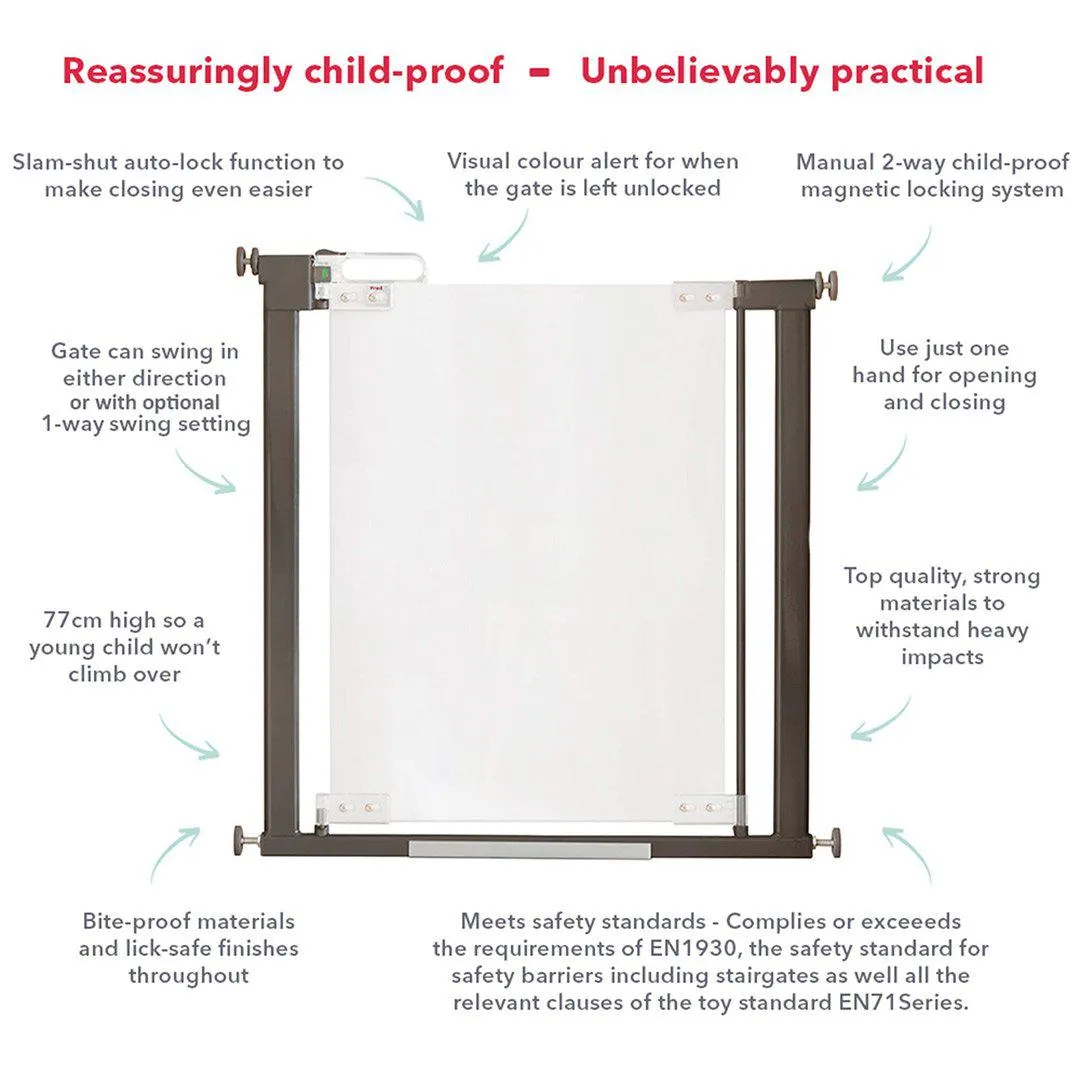 Fred Pressure Fit Stairgate - Clear Acrylic Panel/Dark Grey Fittings