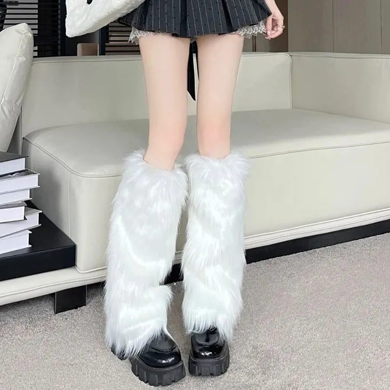 Japanese White Faux Fur Leg Warmers Boot Covers Y2K Goth Solid Leg Socks Punk Jk Knee-length Hiphop Hotgirl Fashion Warm Sock