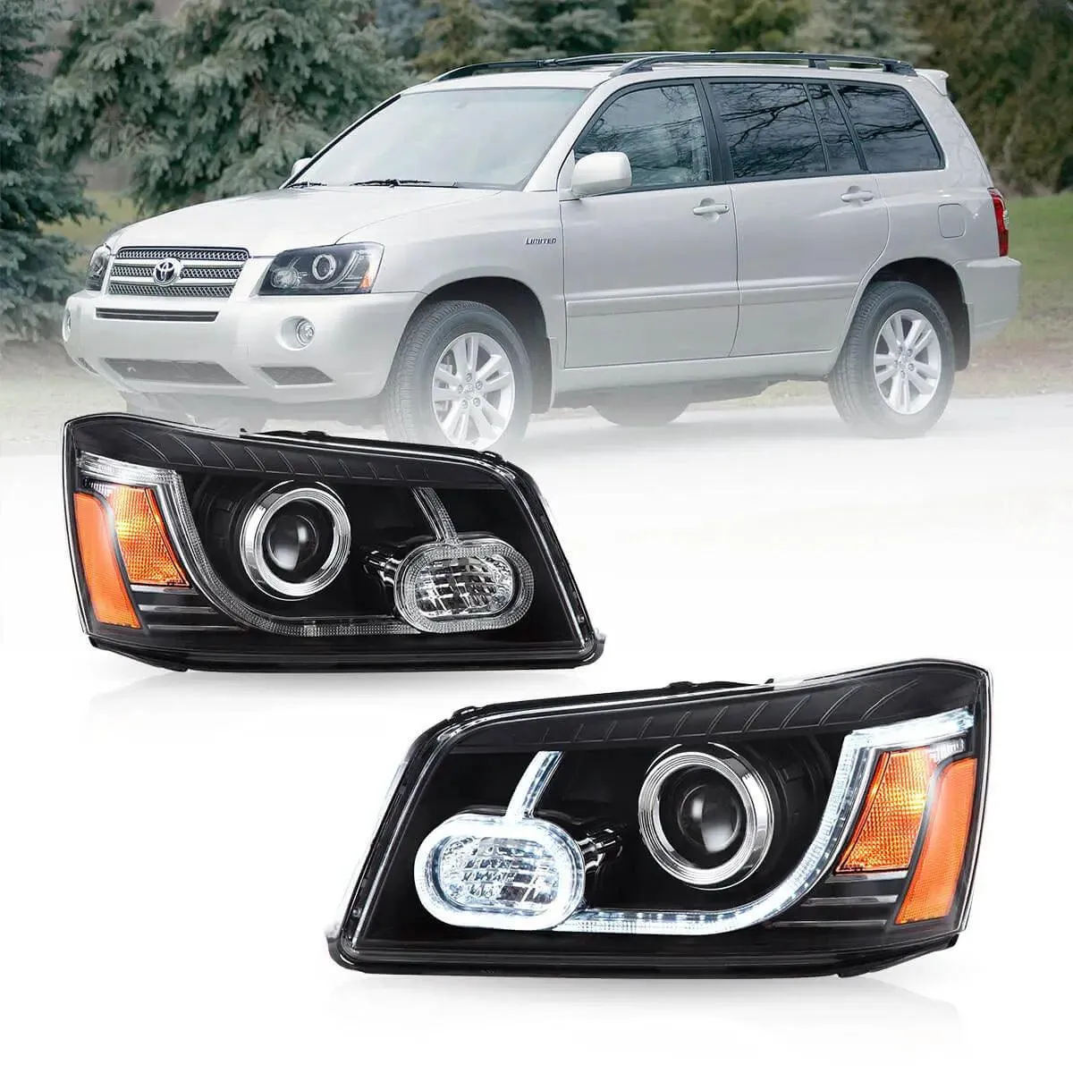 LED Headlight Assembly Dual Beam Projector Black For 2004-2007 Toyota Highlander 1th Gen (XU20) Facelift