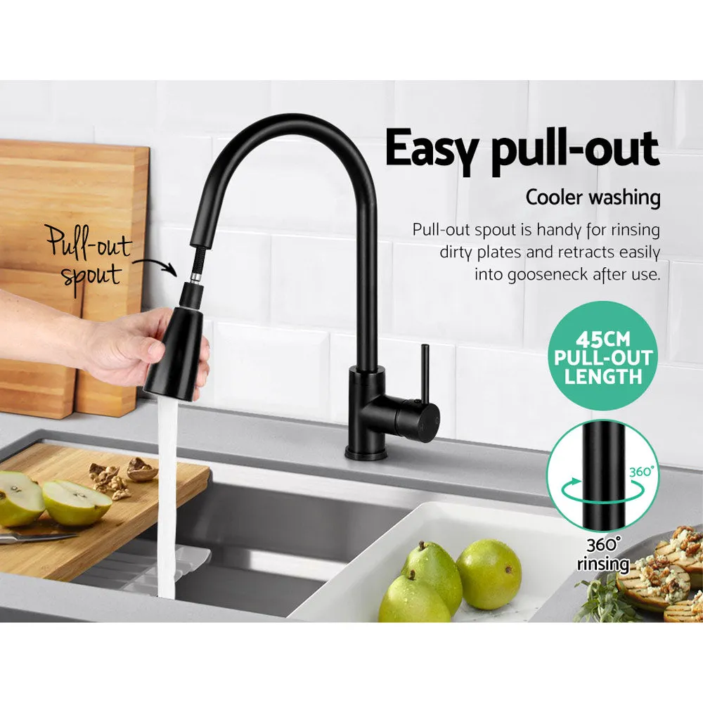 Matte Black Pull-Out Kitchen Mixer Tap, Gooseneck - Cefito