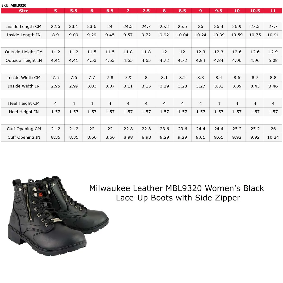 Milwaukee Leather MBL9320 Women's Premium Black Leather Lace-Up Motorycle Riding Boots with Side Zipper