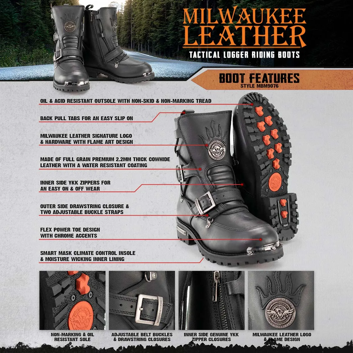 Milwaukee Leather MBM9076 Men’s Black Tactical Logger Leather Boots