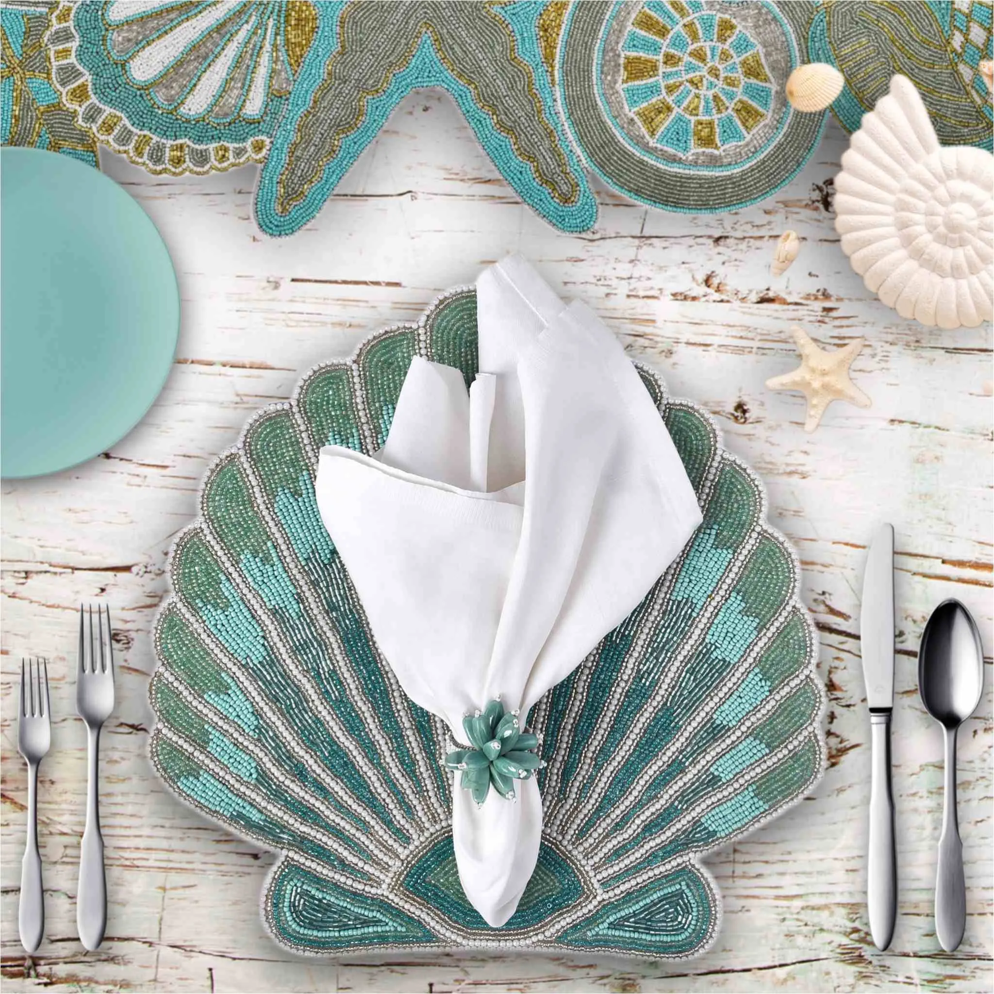 Ringo Starfish Beaded Table Runner in Teal & Gold