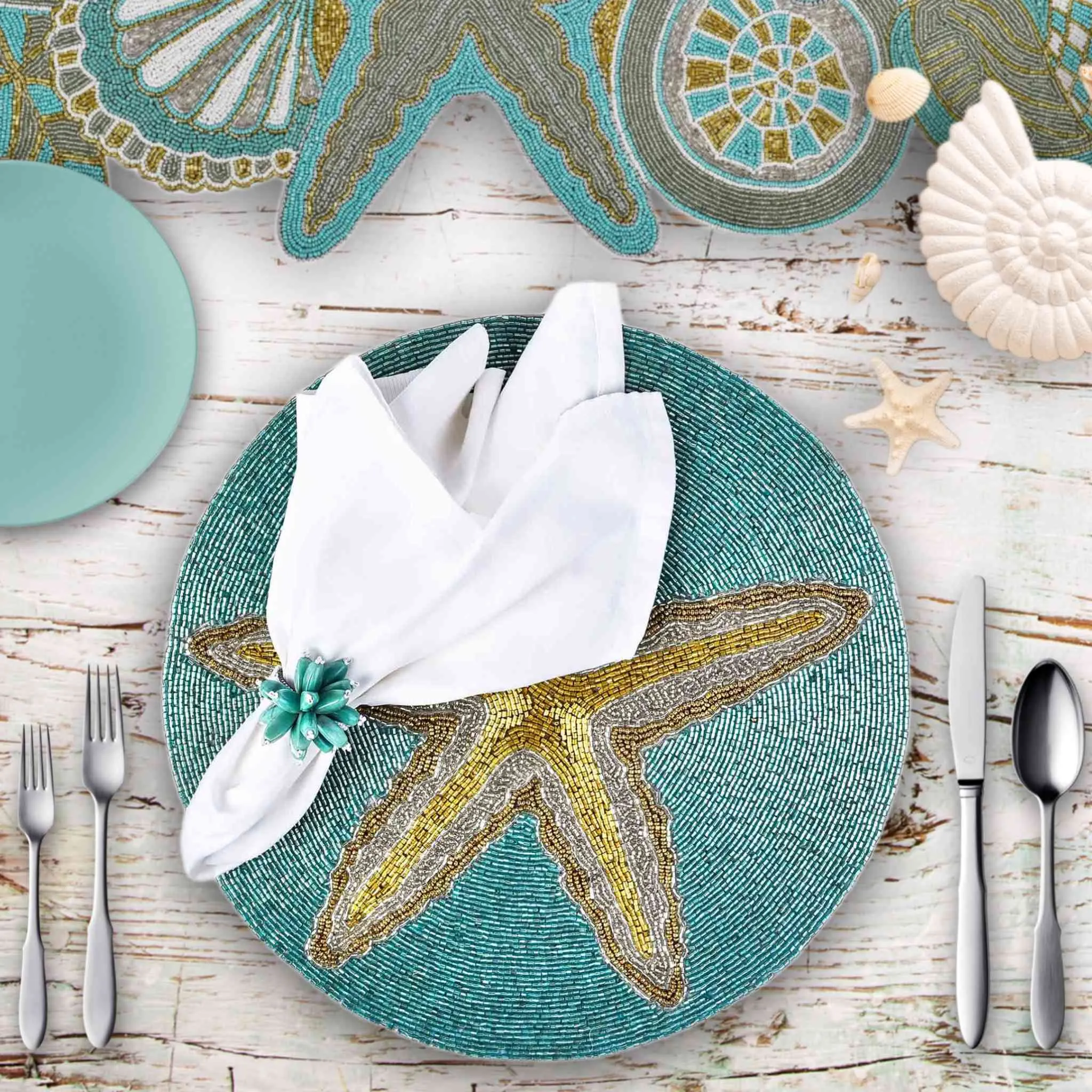 Ringo Starfish Beaded Table Runner in Teal & Gold