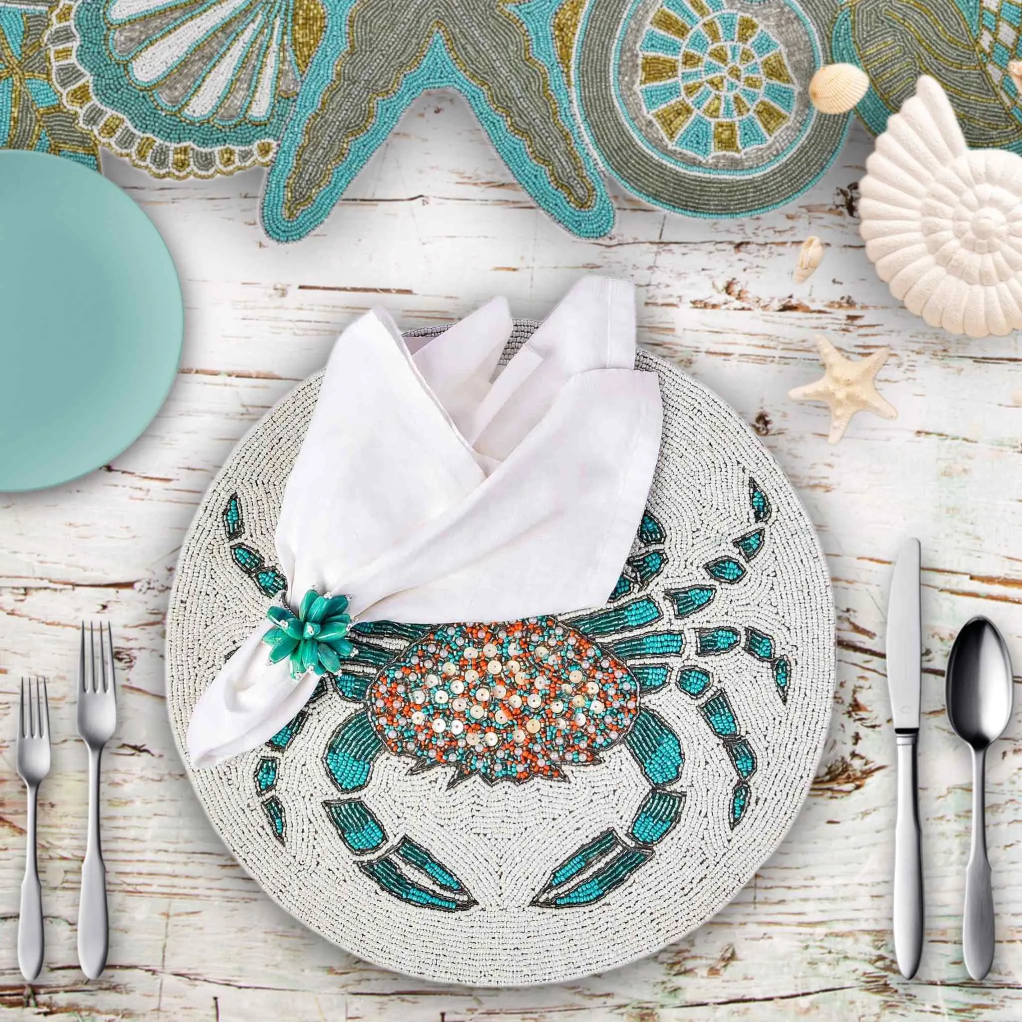 Ringo Starfish Beaded Table Runner in Teal & Gold