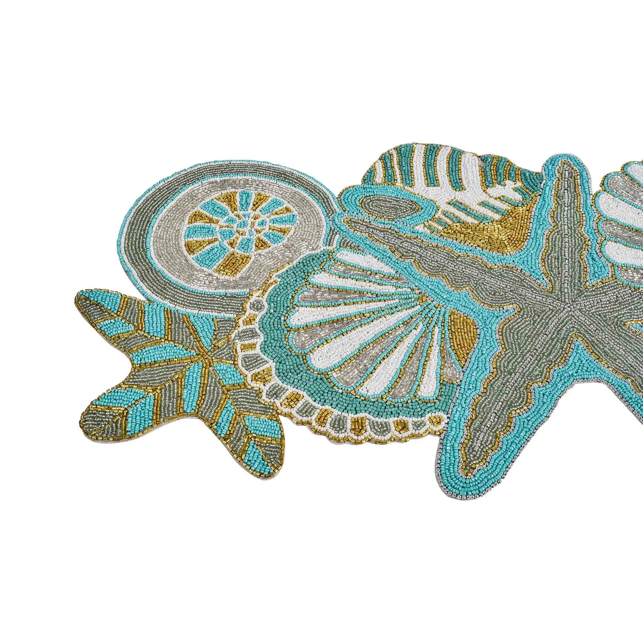 Ringo Starfish Beaded Table Runner in Teal & Gold