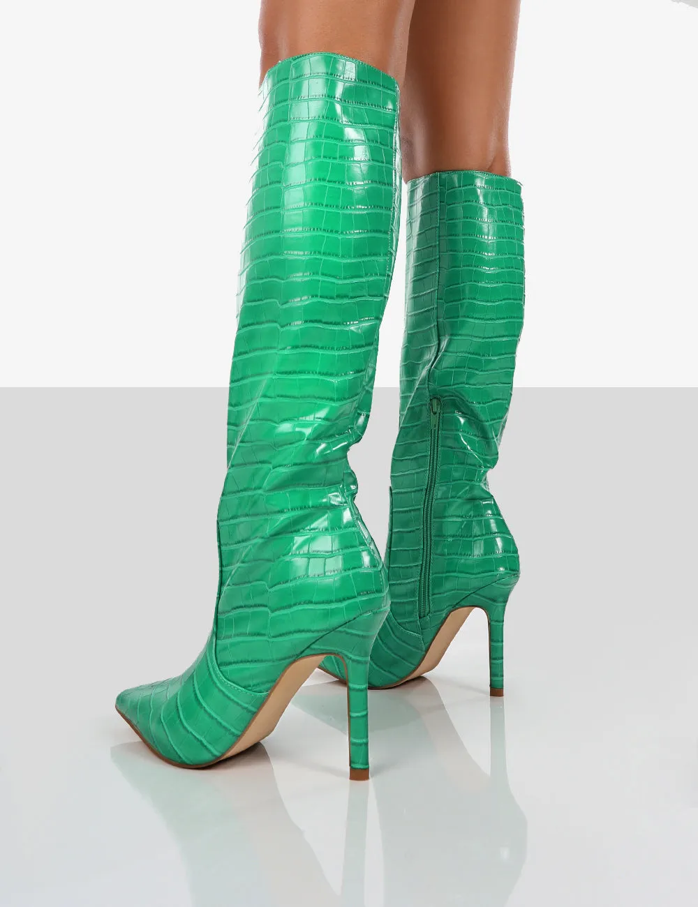 Rosalie Green Croc Heeled Pointed Toe Knee High Boots