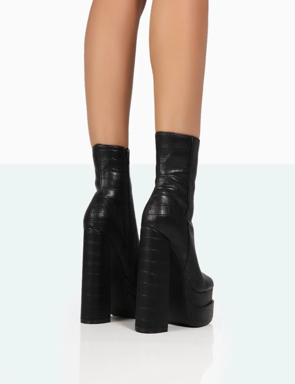 Supine Black Patent Croc Chunky Heeled Platform Ankle Boots