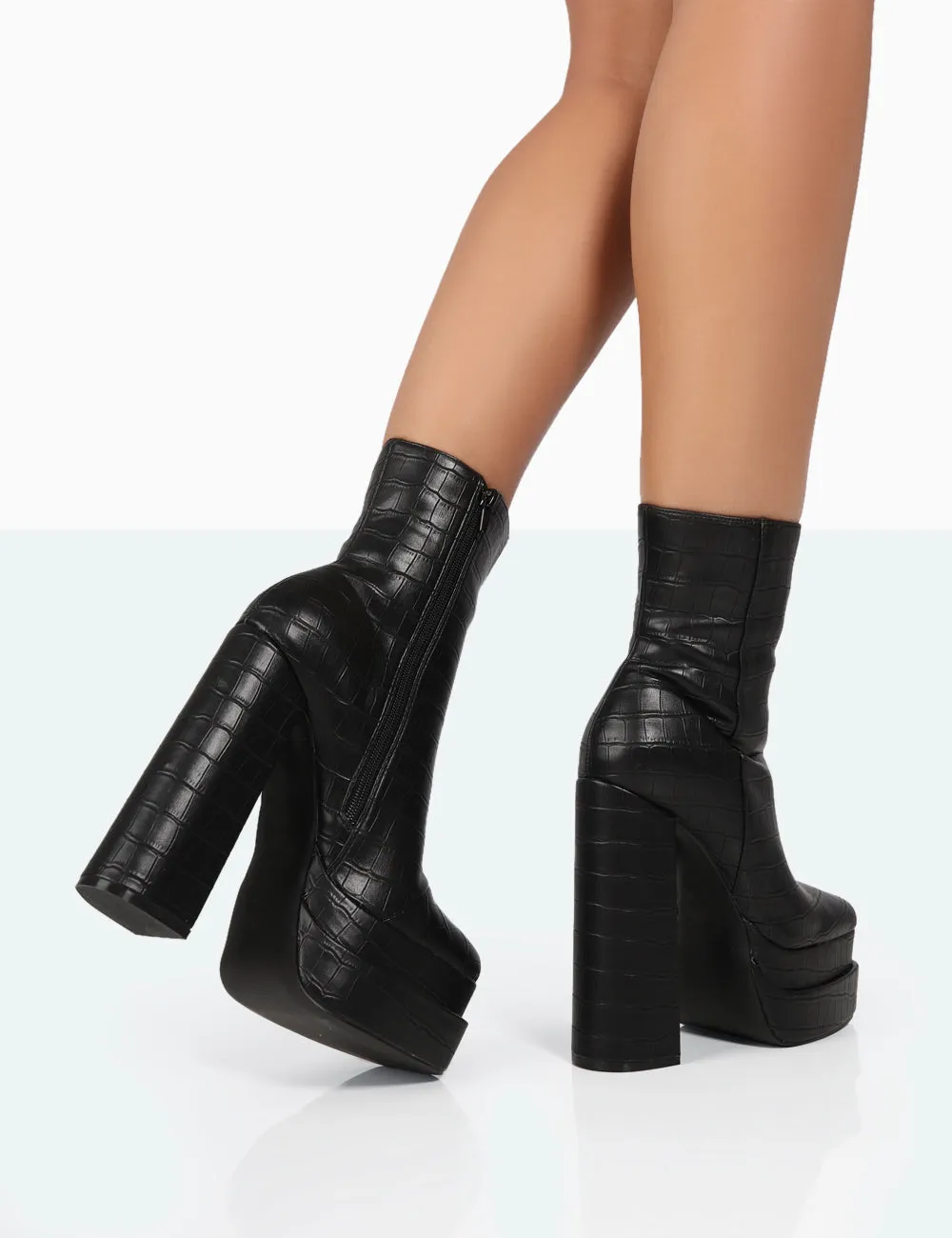 Supine Black Patent Croc Chunky Heeled Platform Ankle Boots