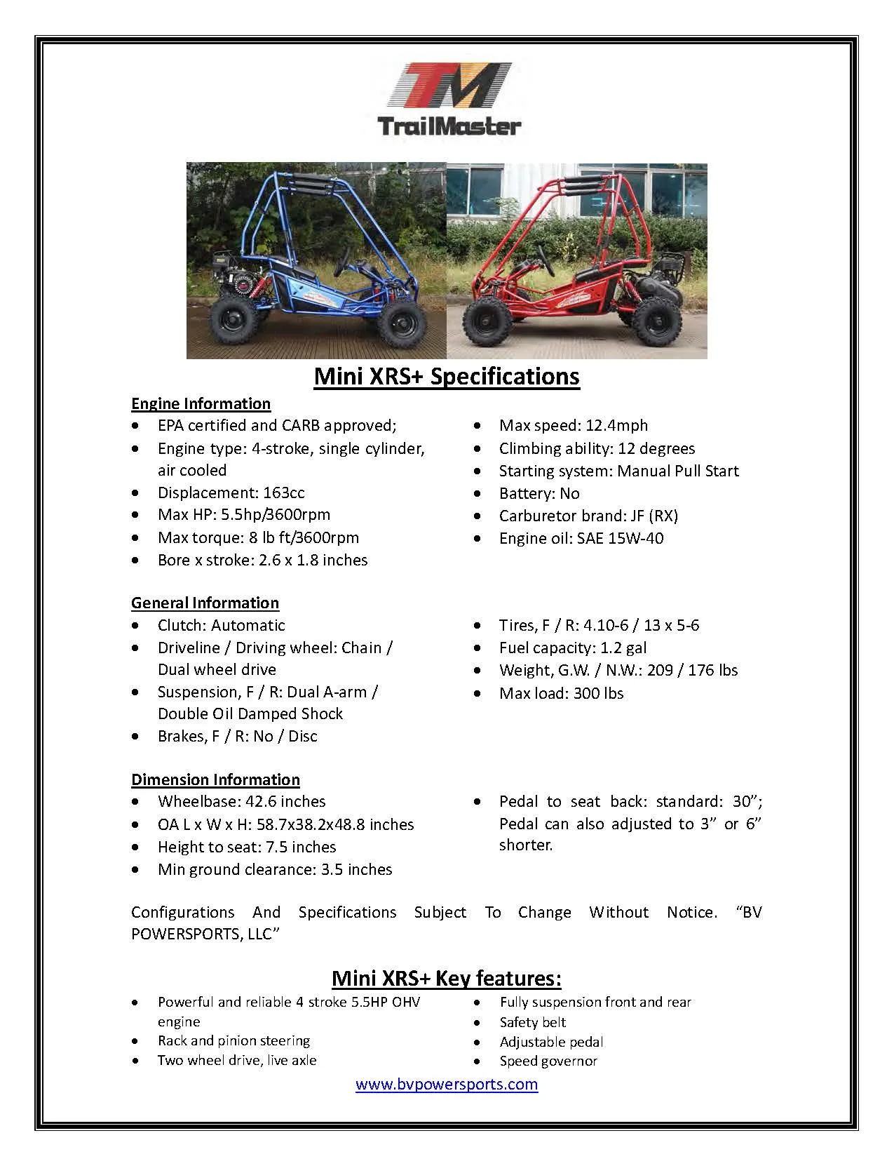 TRAILMASTER MINI XRS  - KIDS SIZE GO KART, Bench Seat, Pull Start , Roll Cage, Lap Belts, NO Reverse