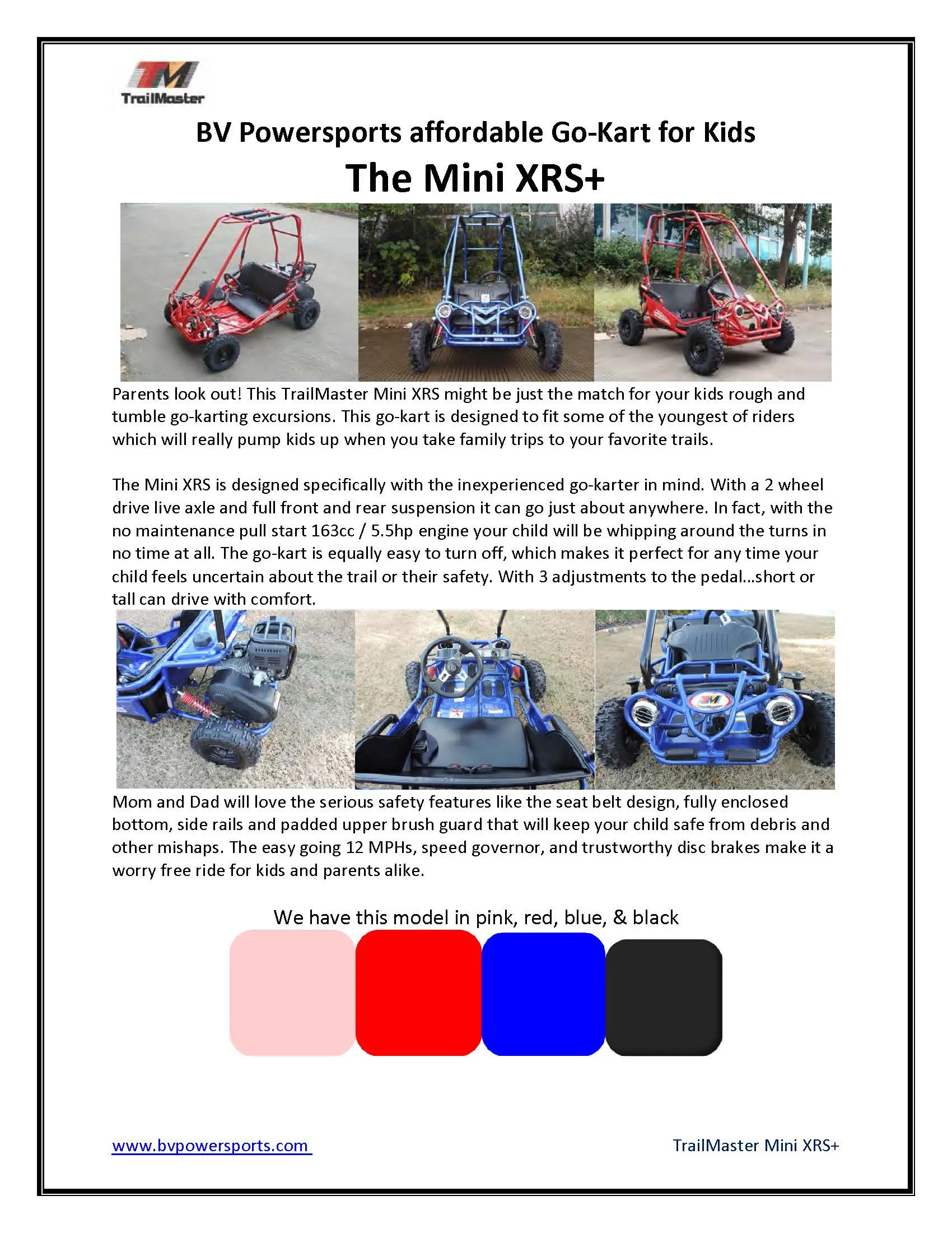 TRAILMASTER MINI XRS  - KIDS SIZE GO KART, Bench Seat, Pull Start , Roll Cage, Lap Belts, NO Reverse