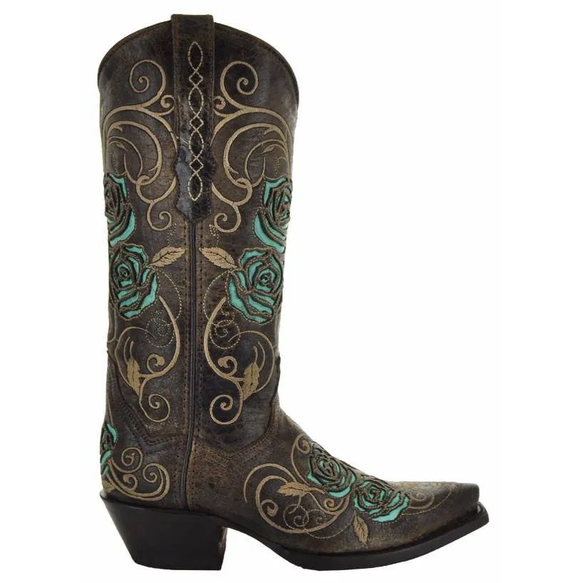 Turquoise Rose Inlayed Women's Cowgirl Boots (M50032)