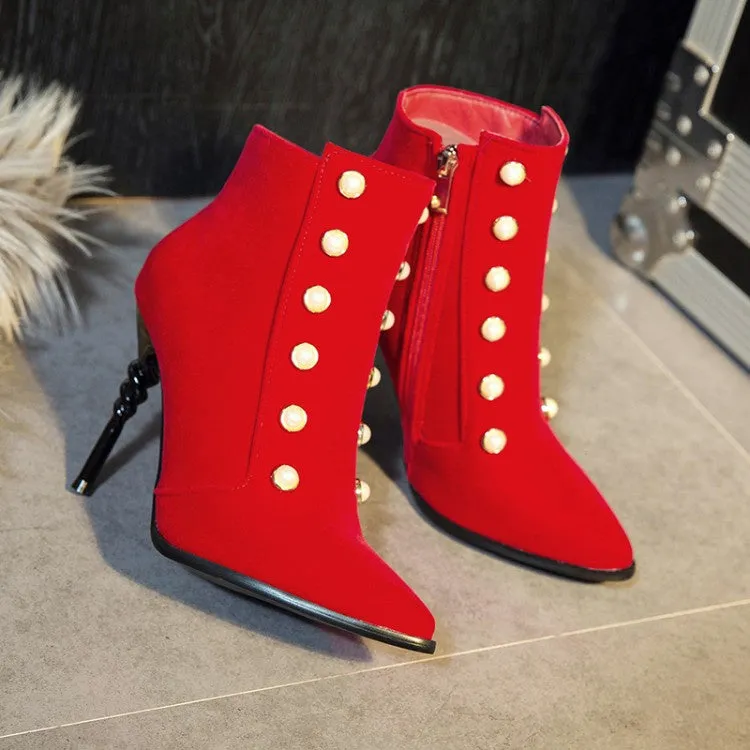 Women Pointed Toe Pearl Stiletto High Heel Ankle Boots