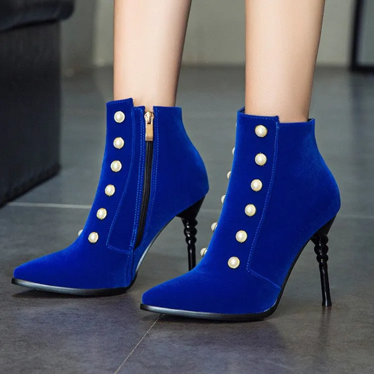 Women Pointed Toe Pearl Stiletto High Heel Ankle Boots