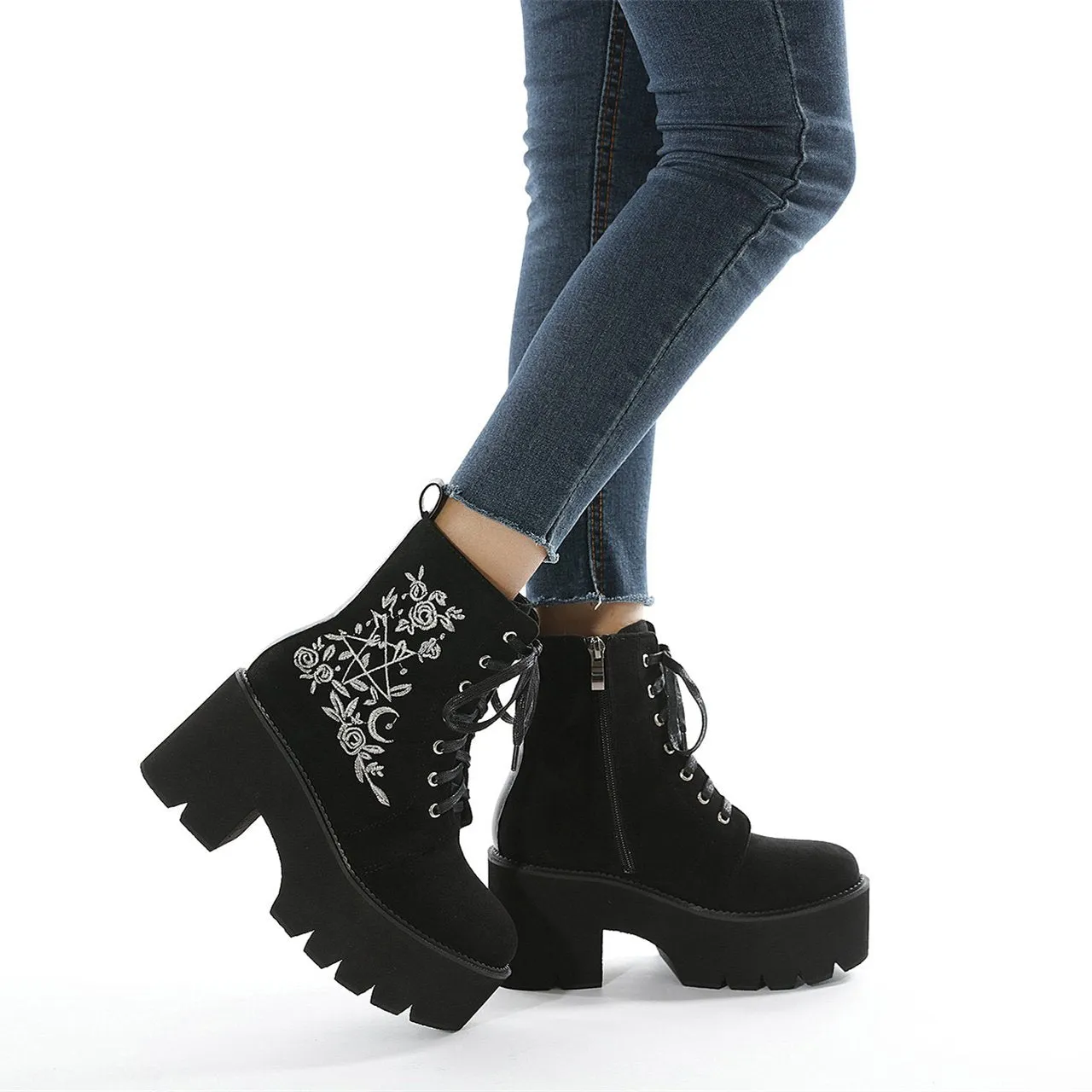 Womens ankle booties flower embroidered lace up black boots