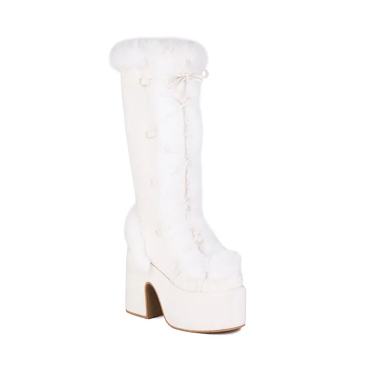 Women's Furry Chunky Heel Mid Calf Platform Boots