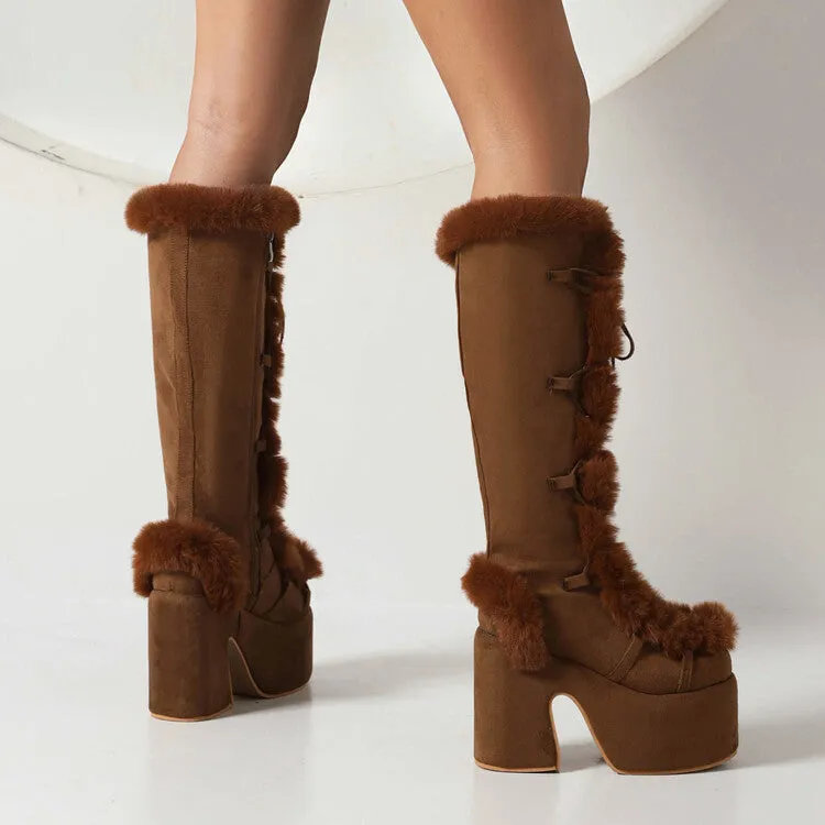 Women's Furry Chunky Heel Mid Calf Platform Boots