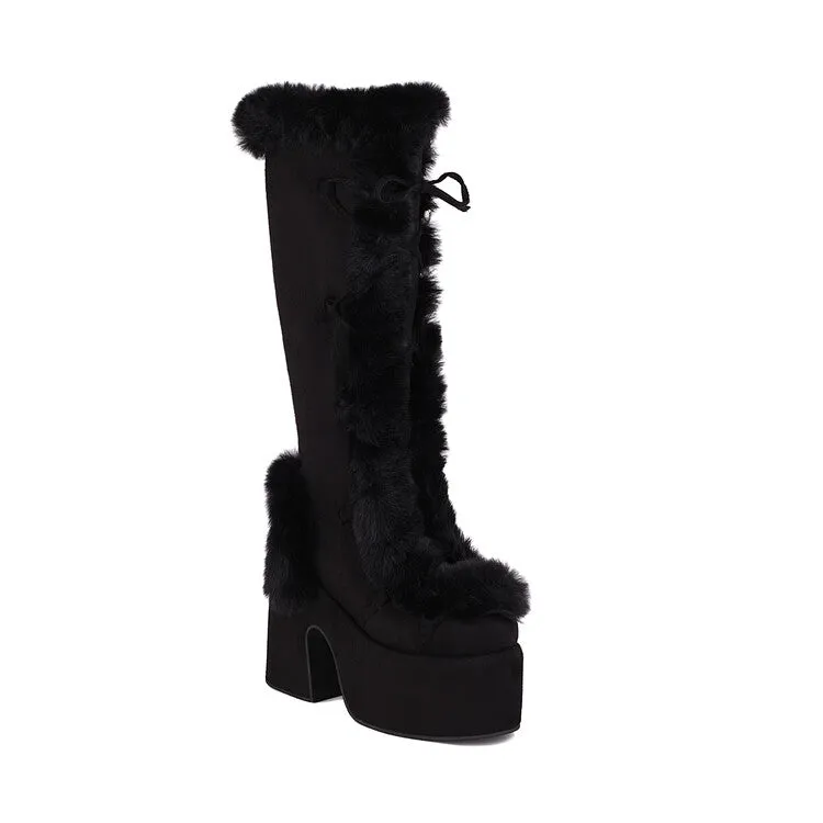 Women's Furry Chunky Heel Mid Calf Platform Boots