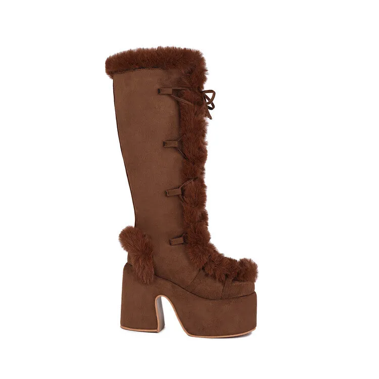 Women's Furry Chunky Heel Mid Calf Platform Boots