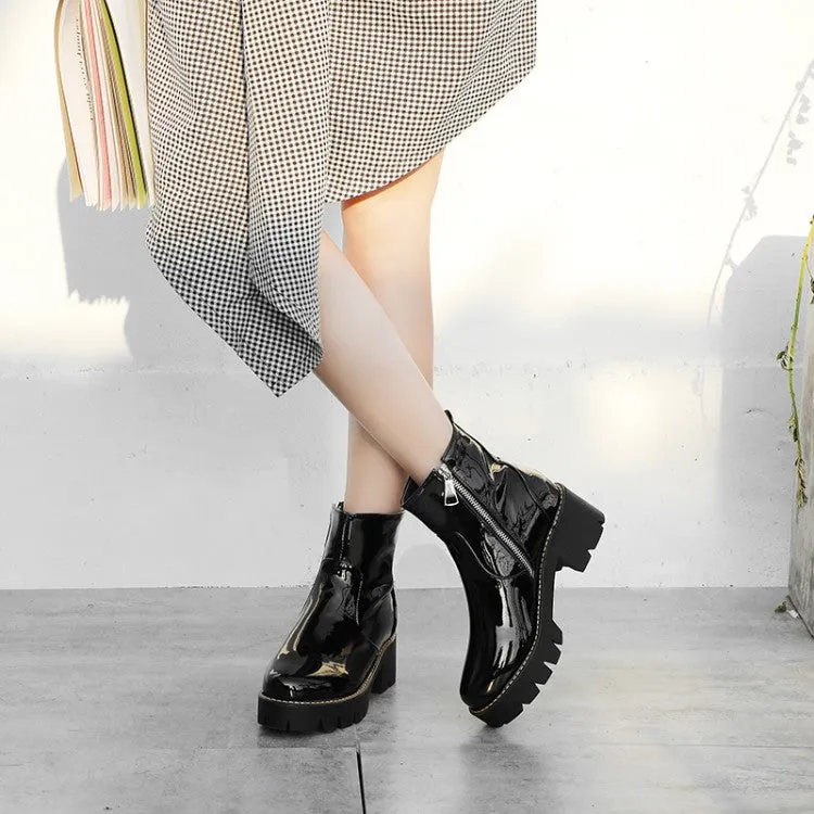 Women's Glossy Round Toe Side Zippers Block Chunky Heel Platform Short Boots