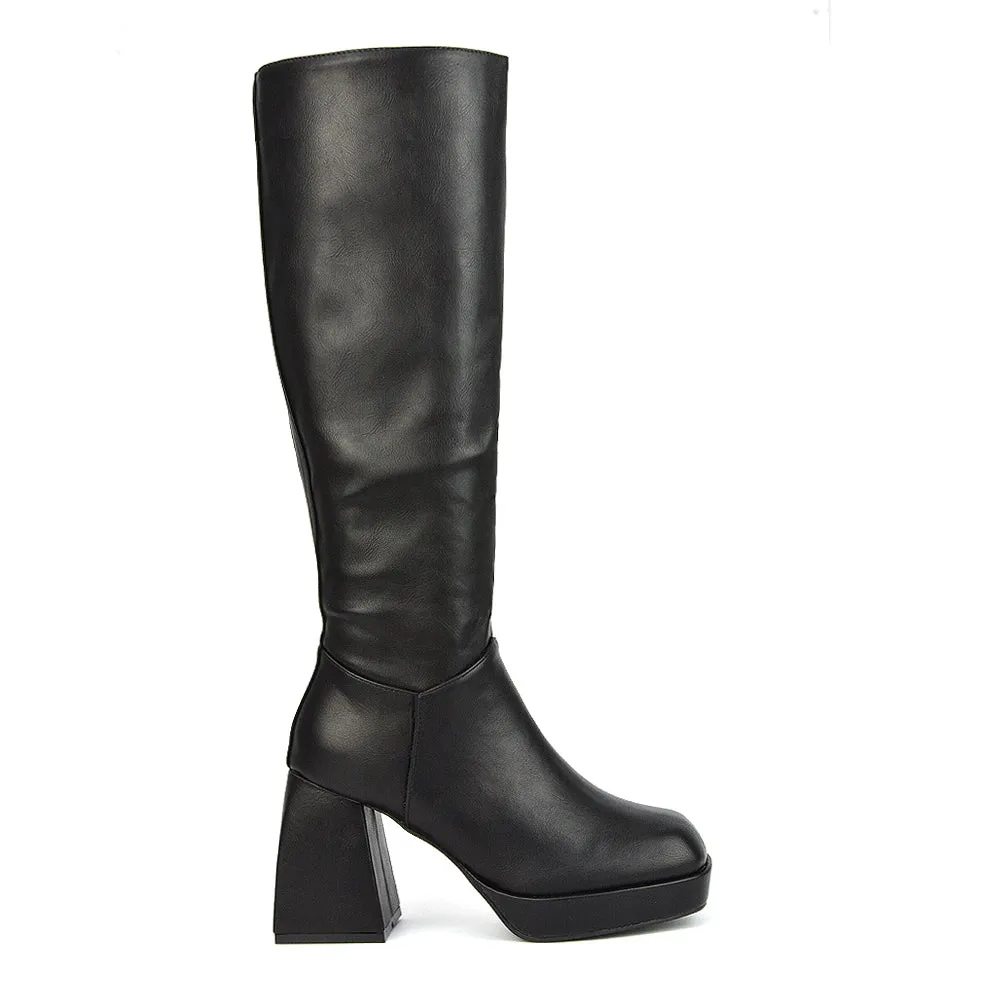 Wren Knee High Boots With Platform Chunky Flared Block Heel In Black Faux Suede