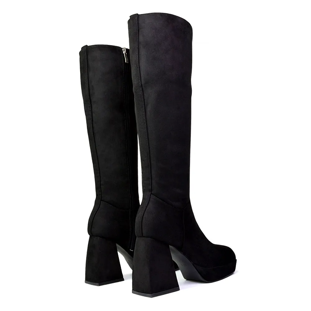 Wren Knee High Boots With Platform Chunky Flared Block Heel In Black Faux Suede