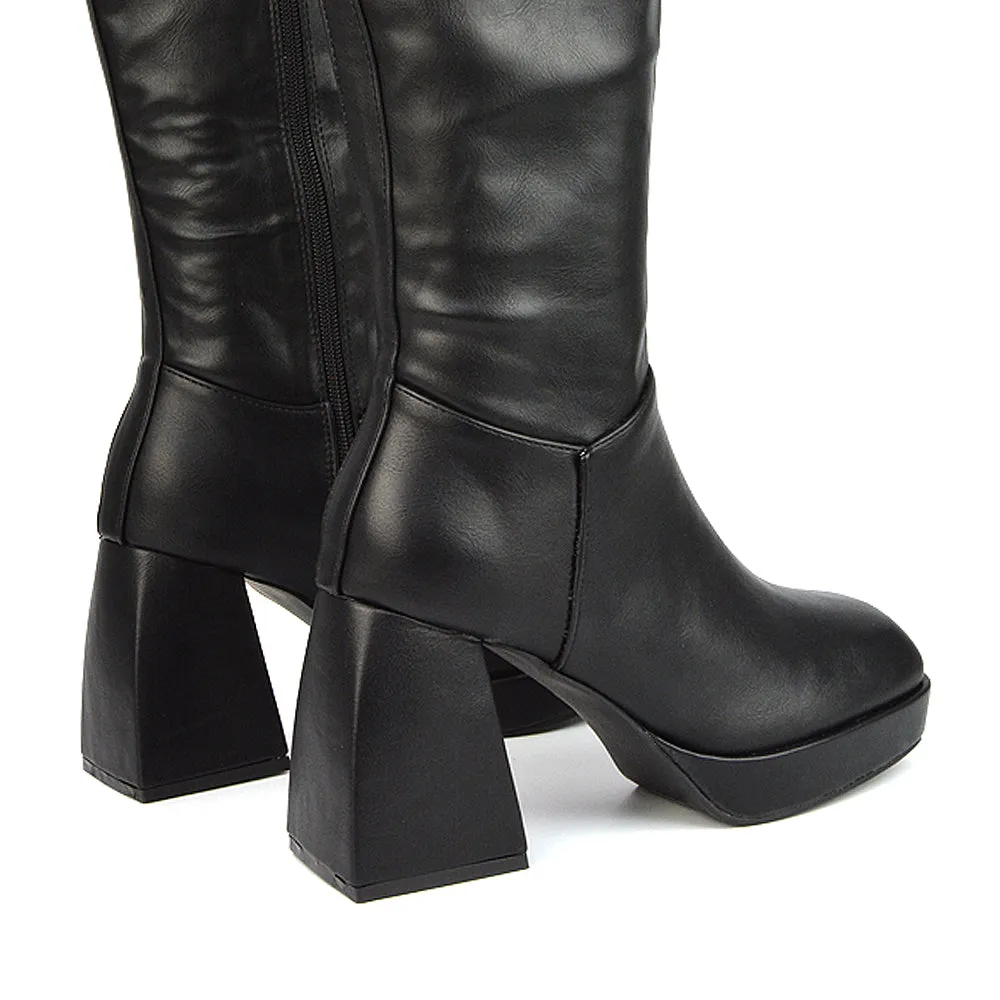 Wren Knee High Boots With Platform Chunky Flared Block Heel In Black Faux Suede