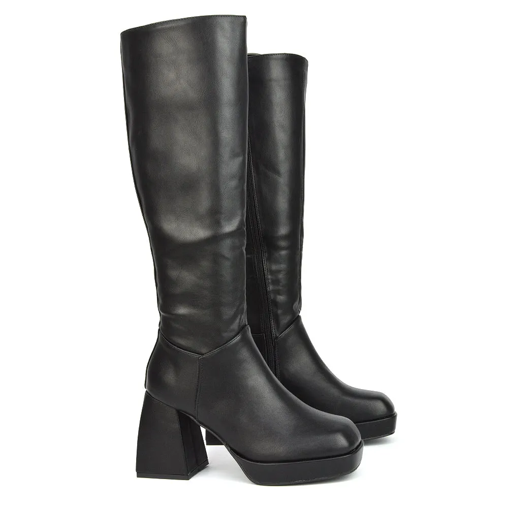 Wren Knee High Boots With Platform Chunky Flared Block Heel In Black Faux Suede